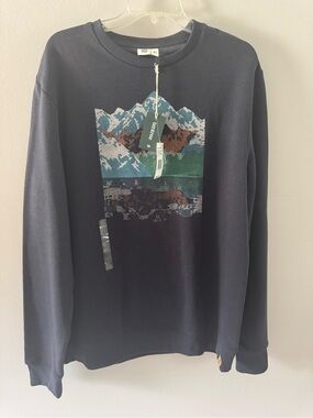 Tentree Navy Crewneck Sweater with Mountain Graphic Large